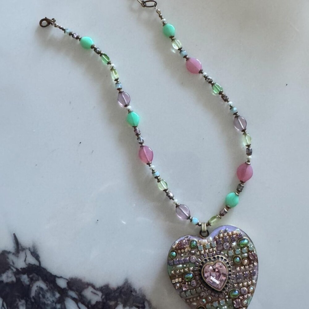 Michal Golan Amethyst Heart Necklace with Multicolored Beads. - Picture 4 of 9